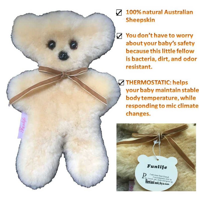 funlife 100% Australian Soft Lambskin Flat Teddy Bear for Baby Birthday Gift,Natural Snuggle Bear for Infant,Cream - Image 2