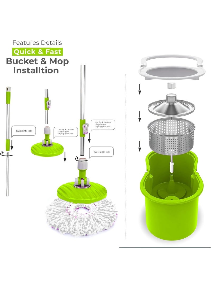 Mops for Floor Cleaning Stainless Steel Spin Mop and Bucket with,Hands Free Wringing, Telescopic Mop Handle, 360° Rotating Mop Head, Reusable Refills 45x26x23cm GREEN - Image 2