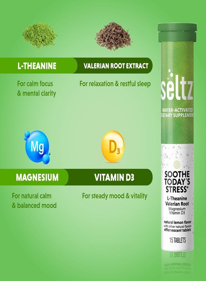 Seltz سيلتز® تهدئة التوتر اليوم - فيتامينات فوارة للاسترخاء والتركيز مع إل-ثيانين والمغنيسيوم وفيتامين د3 - بنكهة الليمون، بدون إضافة سكر، 15 قرصًا (عبوة واحدة) - Image 2