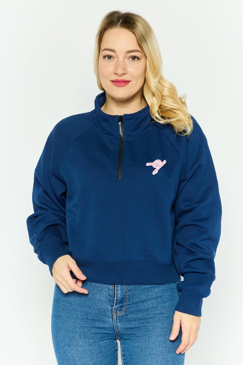 ESPRIT سويت شيرت نسائي بأكمام طويلة مزين بياقة مرتفعة، أزرق داكن - Image 1