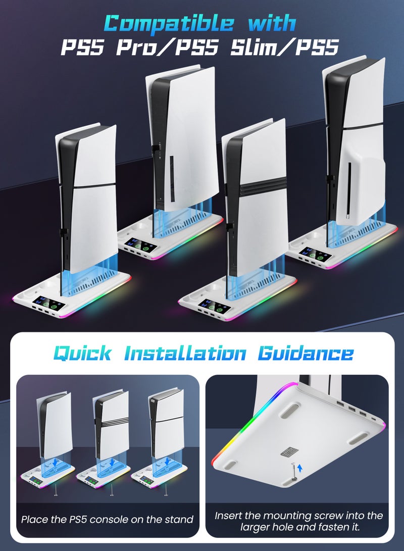حامل PS5 ومحطة تبريد مع محطة شحن مزدوجة لوحدة التحكم بما في ذلك مروحة تبريد لشاحن وحدة التحكم ومصباح LED RGB ومحور USB (مناسب لإصدار PS5 / PS5 slim / PS5 Pro) أبيض - Image 2