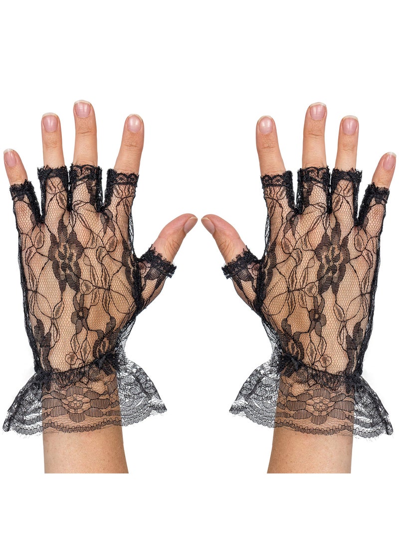 Generic - Elegant Black Fingerless Lace Gloves for Women and Girls, Short Ruffled Floral Lace Wrist Gloves, Perfect for Bridal, Tea Parties, and Special Occasions. - Image 1