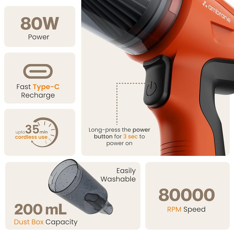 Ambrane 12kPA Powerful Suction 80W Wireless Hand Vacuum Air Blower 2in1 Wireless Vacuum Cleaner BLDC Motor HEPA Filter Compact Lightweight for Car Home use Pet Hair Mini Vac 02 Orange - Image 2