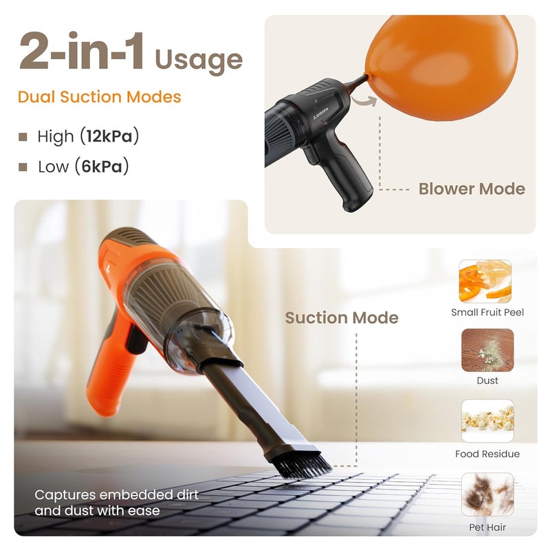 Ambrane 12kPA Powerful Suction 80W Wireless Hand Vacuum Air Blower 2in1 Wireless Vacuum Cleaner BLDC Motor HEPA Filter Compact Lightweight for Car Home use Pet Hair Mini Vac 02 Orange - Image 3