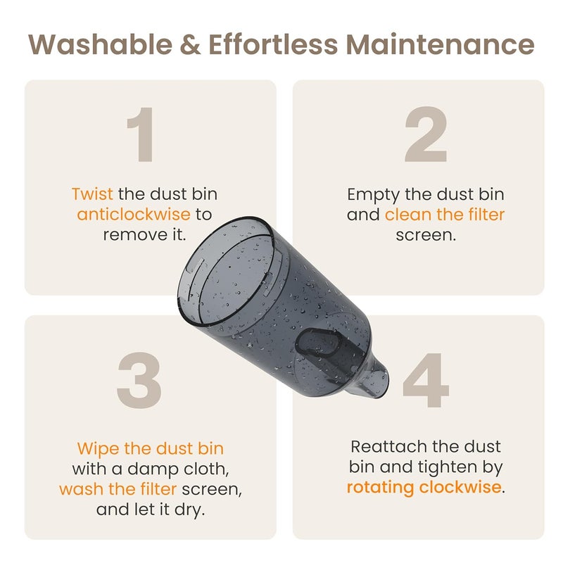 Ambrane 12kPA Powerful Suction 80W Wireless Hand Vacuum Air Blower 2in1 Wireless Vacuum Cleaner BLDC Motor HEPA Filter Compact Lightweight for Car Home use Pet Hair Mini Vac 02 Orange - Image 4