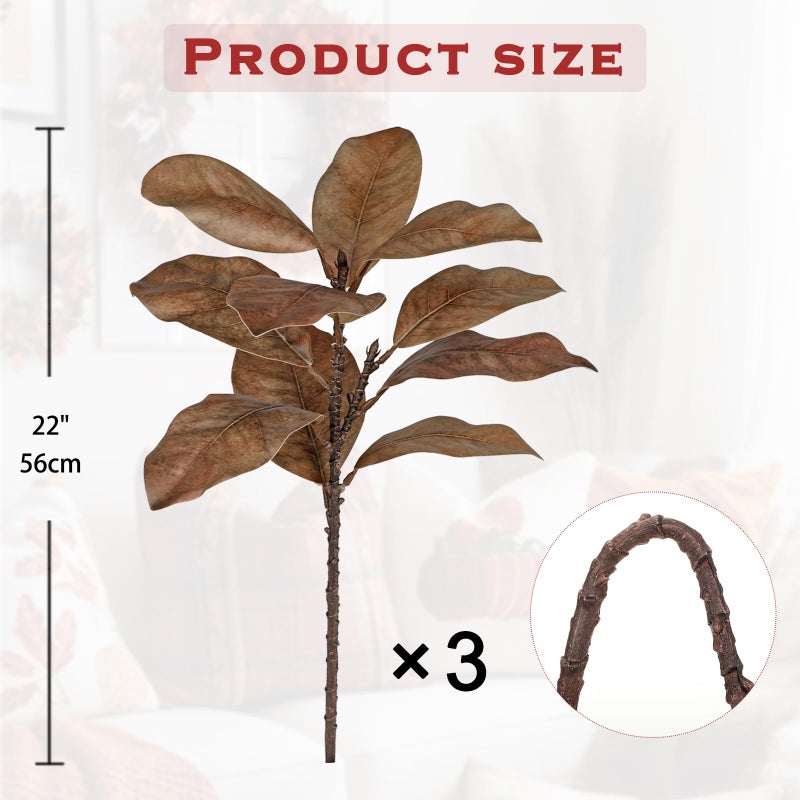 Briful Artificial Magnolia Leaves Stems 3 Pack 22in Coffee Brown Fake Magnolia Branches for Vase Fall Leaves Stems for Home Room Arrangements Centerpieces Thanksgiving DÃ©cor (Vase Not Included) - Image 2
