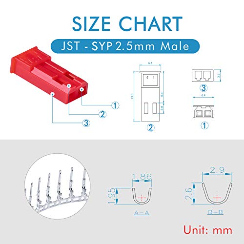 CQRobot JST SYP 2.5 mm Pitch 2-Pin Electronic Connector IC Male Plugs, Female Sockets Housing and Male/Female T-Shaped Crimp Terminal Kit. 50 Sets/300 Pieces Wire-Wire Adapter Cable Assembly. - Image 5