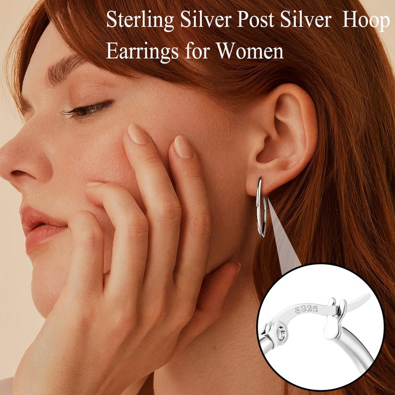 FUNRUN JEWELRY 5 Pairs 925 Sterling Silver Hoop Post Earrings for Women-Small 14K Gold Silver Hoops Earrings,Hypoallergenic Silver Hoop Earring for Women-Medium Big Hoops Stack Earring 10/14/20/30/40mm - Image 3