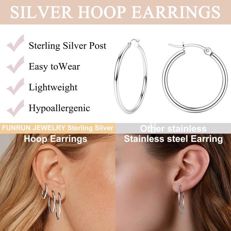 FUNRUN JEWELRY 5 Pairs 925 Sterling Silver Hoop Post Earrings for Women-Small 14K Gold Silver Hoops Earrings,Hypoallergenic Silver Hoop Earring for Women-Medium Big Hoops Stack Earring 10/14/20/30/40mm - Image 5