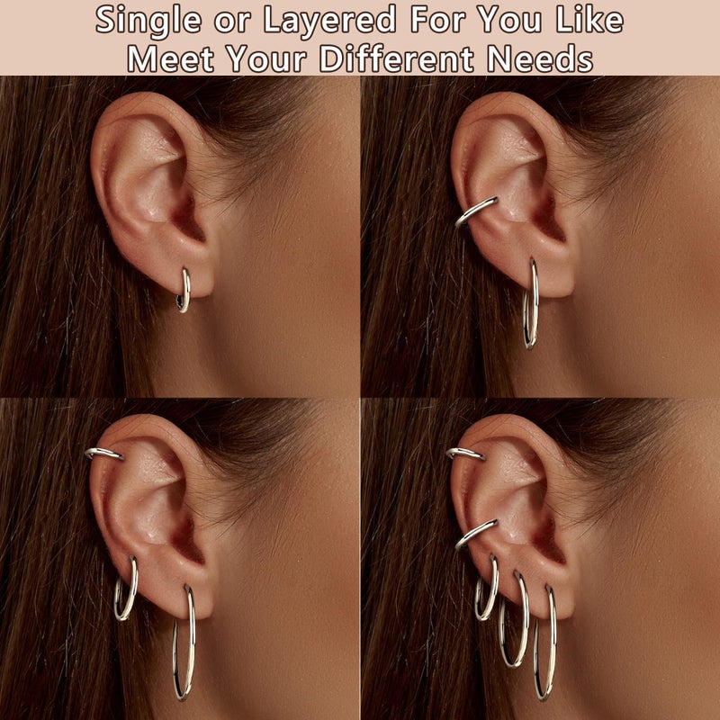 FUNRUN JEWELRY 5 Pairs 925 Sterling Silver Hoop Post Earrings for Women-Small 14K Gold Silver Hoops Earrings,Hypoallergenic Silver Hoop Earring for Women-Medium Big Hoops Stack Earring 10/14/20/30/40mm - Image 4
