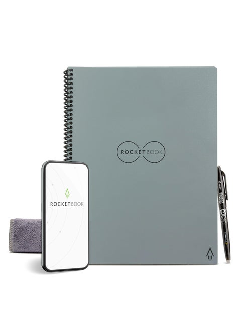 Rocketbook Core Reusable Spiral Notebook, Letter Size 8.5x11, Gray - Lined Pages, App-Connected, Erasable, Durable Cover, Ideal for School, Work, and Creative Projects