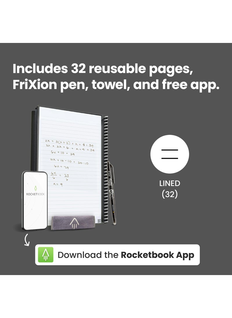 Rocketbook Core Reusable Spiral Notebook, Letter Size 8.5x11, Gray - Lined Pages, App-Connected, Erasable, Durable Cover, Ideal for School, Work, and Creative Projects