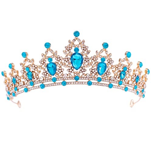 FORSEVEN Crystal Tiaras for Women, Wedding Tiaras and Crowns for Women Tiara for Girls Birthday Party Princess Crown Hair Accessories Bride Rhinestone Headbands (Gold+Lake Blue) - Image 1