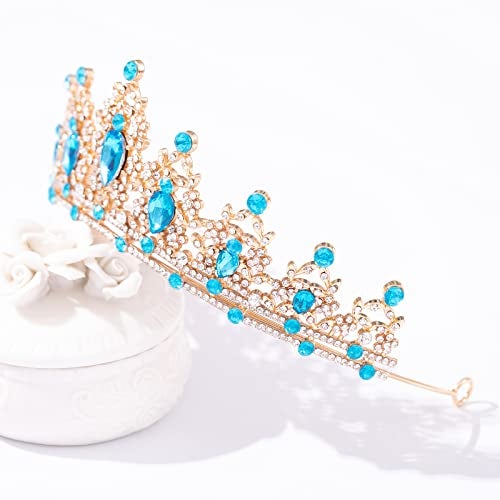 FORSEVEN Crystal Tiaras for Women, Wedding Tiaras and Crowns for Women Tiara for Girls Birthday Party Princess Crown Hair Accessories Bride Rhinestone Headbands (Gold+Lake Blue) - Image 3