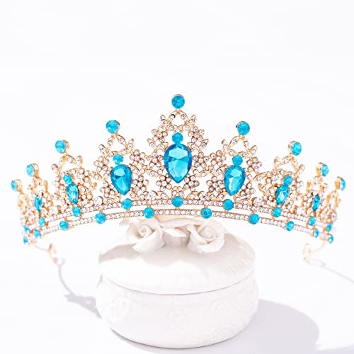 FORSEVEN Crystal Tiaras for Women, Wedding Tiaras and Crowns for Women Tiara for Girls Birthday Party Princess Crown Hair Accessories Bride Rhinestone Headbands (Gold+Lake Blue) - Image 2