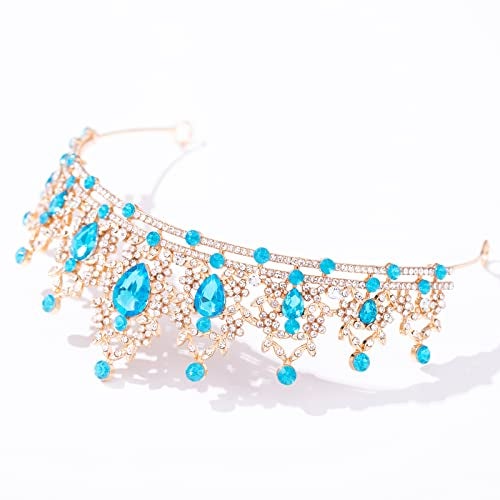 FORSEVEN Crystal Tiaras for Women, Wedding Tiaras and Crowns for Women Tiara for Girls Birthday Party Princess Crown Hair Accessories Bride Rhinestone Headbands (Gold+Lake Blue) - Image 4