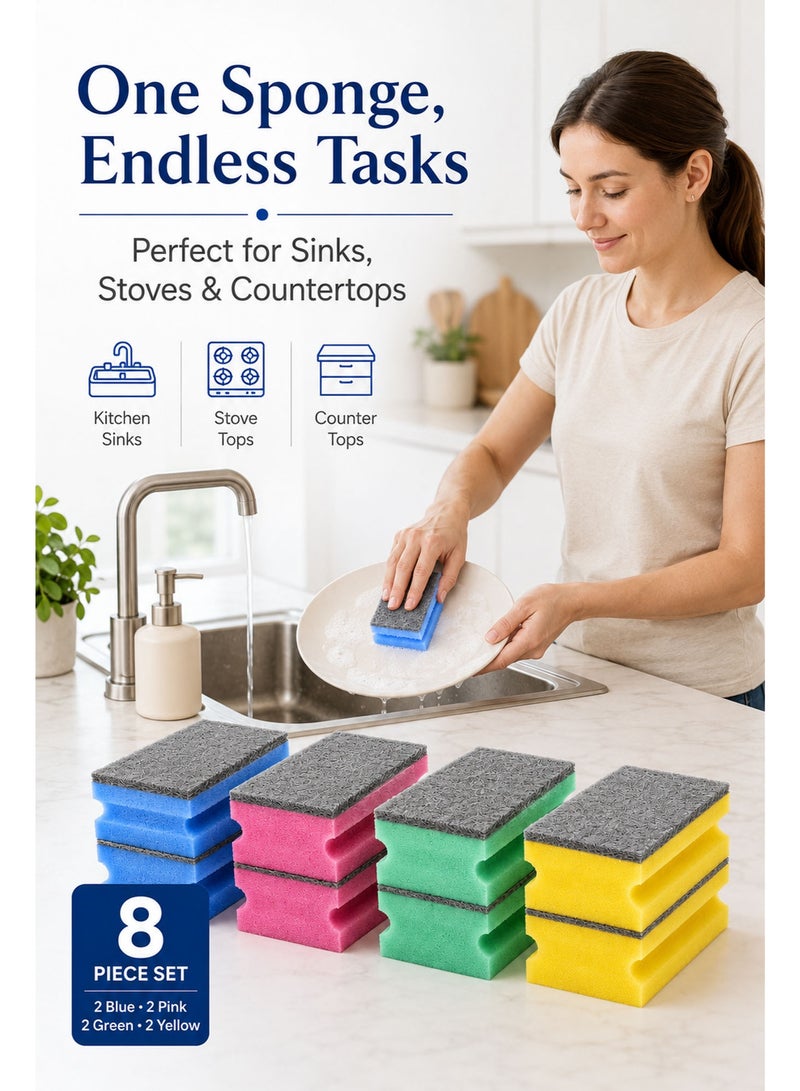 8 Pack Dishwashing Sponge Scourers – Heavy Duty Kitchen Cleaning Sponges with Non-Scratch Scrub Pad for Dishes, Pots, Pans, Sinks, Trays & Household Cleaning - Image 4