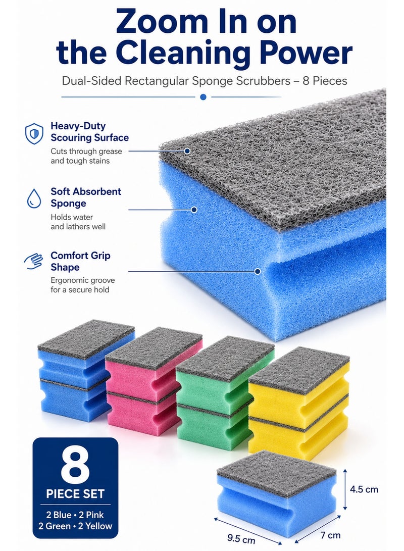 8 Pack Dishwashing Sponge Scourers – Heavy Duty Kitchen Cleaning Sponges with Non-Scratch Scrub Pad for Dishes, Pots, Pans, Sinks, Trays & Household Cleaning - Image 2