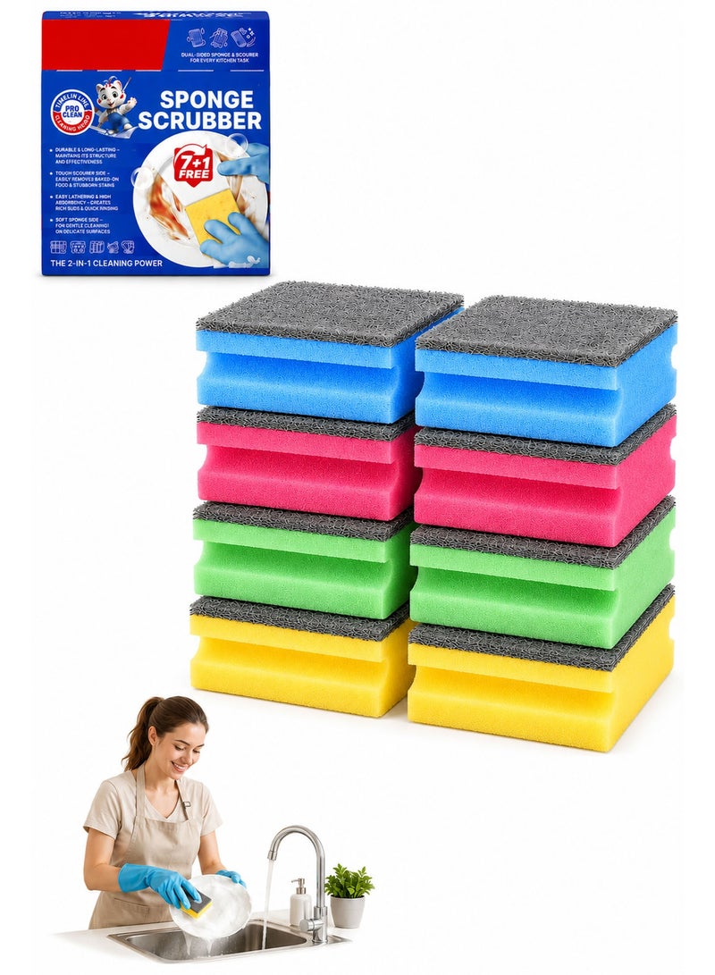 8 Pack Dishwashing Sponge Scourers – Heavy Duty Kitchen Cleaning Sponges with Non-Scratch Scrub Pad for Dishes, Pots, Pans, Sinks, Trays & Household Cleaning - Image 1