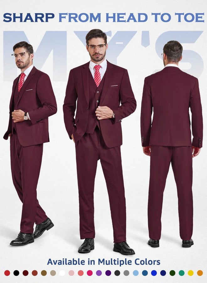 MYS Men's 3 Piece Suit Set with Tie, One Button Slim Fit Solid Jacket Vest Pants, Prom Party Wedding Business Suits for Men, Burgundy, S - Image 2