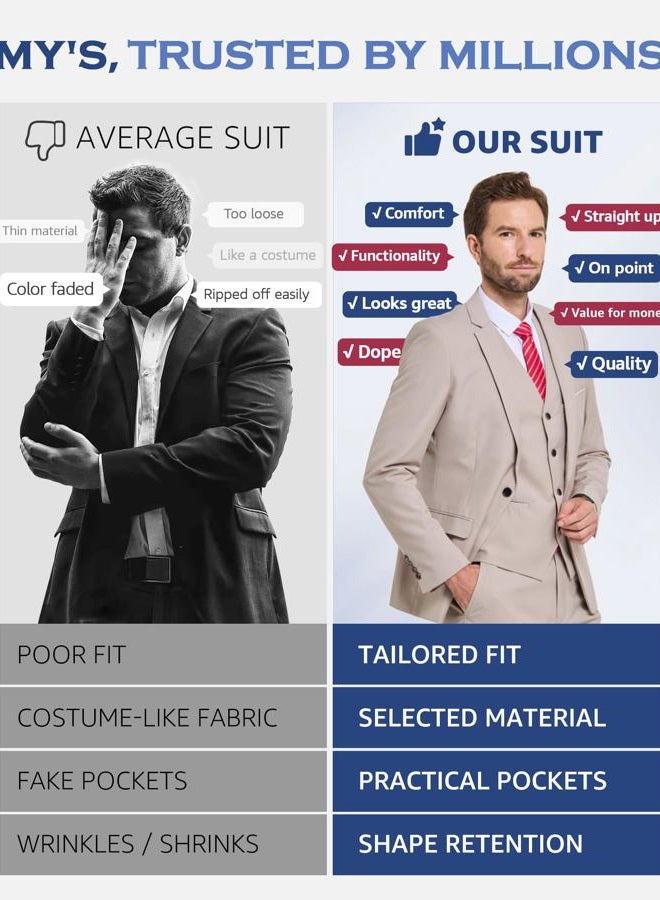 MYS Men's 3 Piece Suit Set with Tie, One Button Slim Fit Solid Jacket Vest Pants, Prom Party Wedding Business Suits for Men, Burgundy, S - Image 4