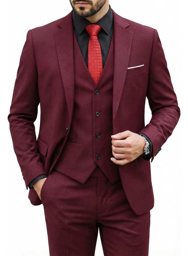 MYS Men's 3 Piece Suit Set with Tie, One Button Slim Fit Solid Jacket Vest Pants, Prom Party Wedding Business Suits for Men, Burgundy, S - Image 1
