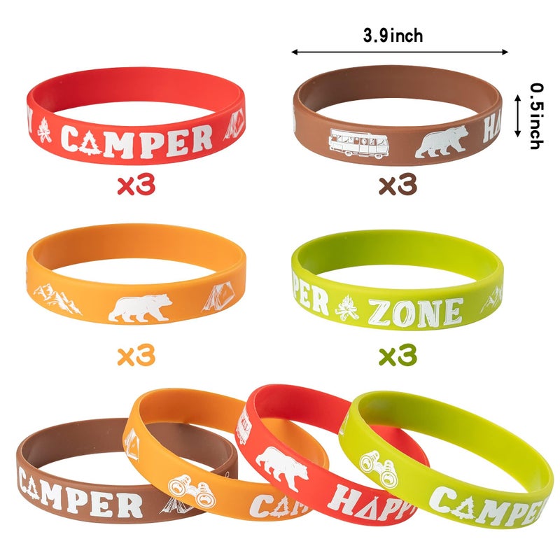 ANGOLIO 84Pcs Spring Camping Party Favors Kit Happy Camper Party Gifts Silicone Bracelets Stickers Keychains Badges for Kids Friends Summer School Camping Adventure Birthday Party - Image 2