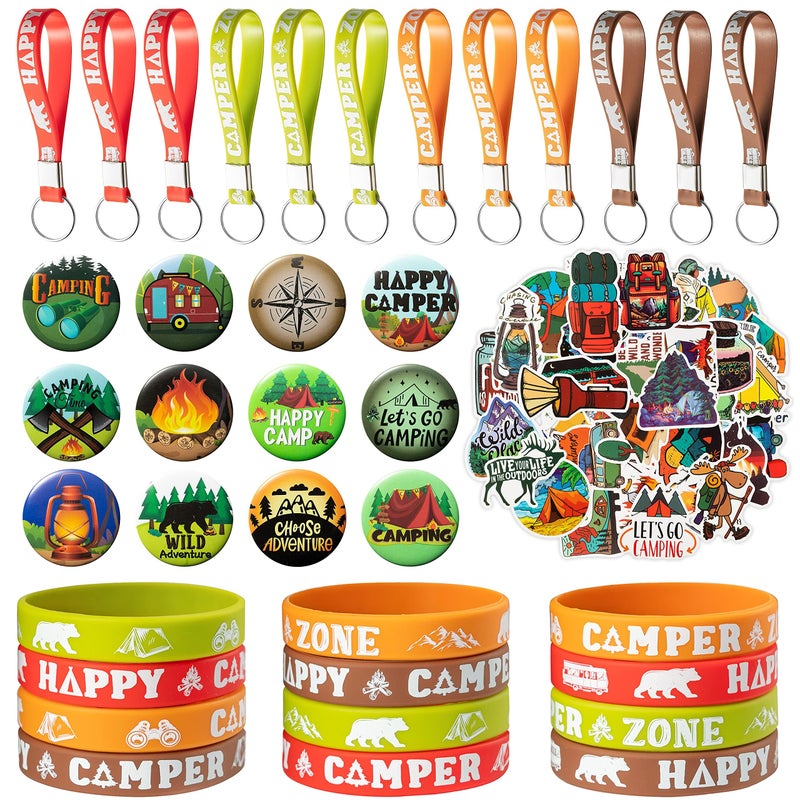 ANGOLIO 84Pcs Spring Camping Party Favors Kit Happy Camper Party Gifts Silicone Bracelets Stickers Keychains Badges for Kids Friends Summer School Camping Adventure Birthday Party - Image 1