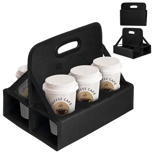 BOHEMIABY 6Cup Drink Carrier Portable Beverage Caddy with Handle Reusable Foldable Holder for Coffee Wine Cans Securely Carries Hot Cold Drinks for Delivery Takeout Travel Black - Image 1