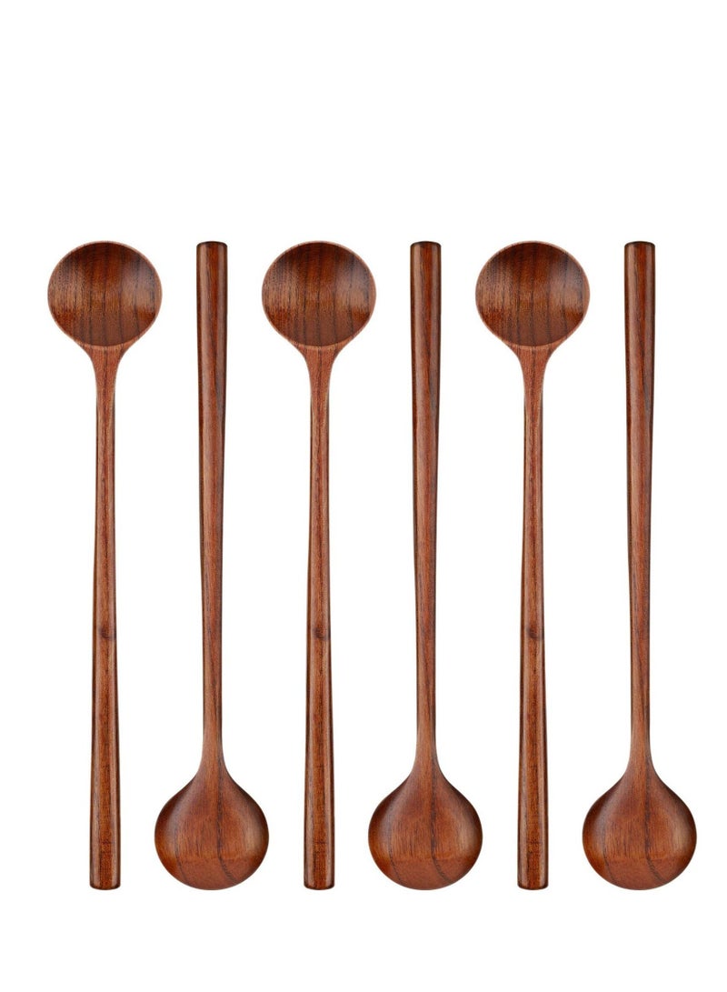 Excefore 6 PCS 10.9 Inch Wooden Long Spoons, Kitchen Wooden Cooking Spoon, Korean Style Soup Spoons, Suitable for Eating Mixing Stirring, Soup Stews (Brown) - Image 1