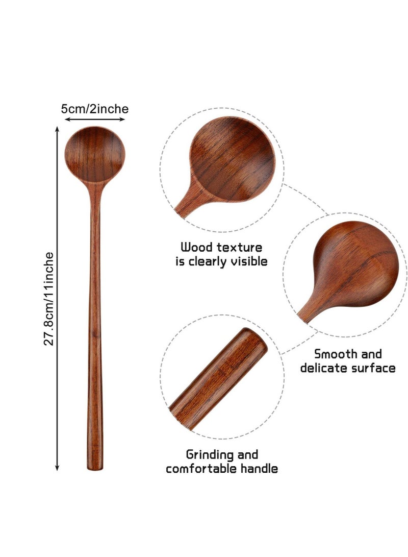 Excefore 6 PCS 10.9 Inch Wooden Long Spoons, Kitchen Wooden Cooking Spoon, Korean Style Soup Spoons, Suitable for Eating Mixing Stirring, Soup Stews (Brown) - Image 2