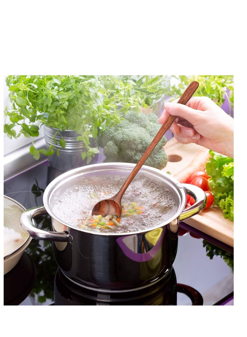 Excefore 6 PCS 10.9 Inch Wooden Long Spoons, Kitchen Wooden Cooking Spoon, Korean Style Soup Spoons, Suitable for Eating Mixing Stirring, Soup Stews (Brown) - Image 3