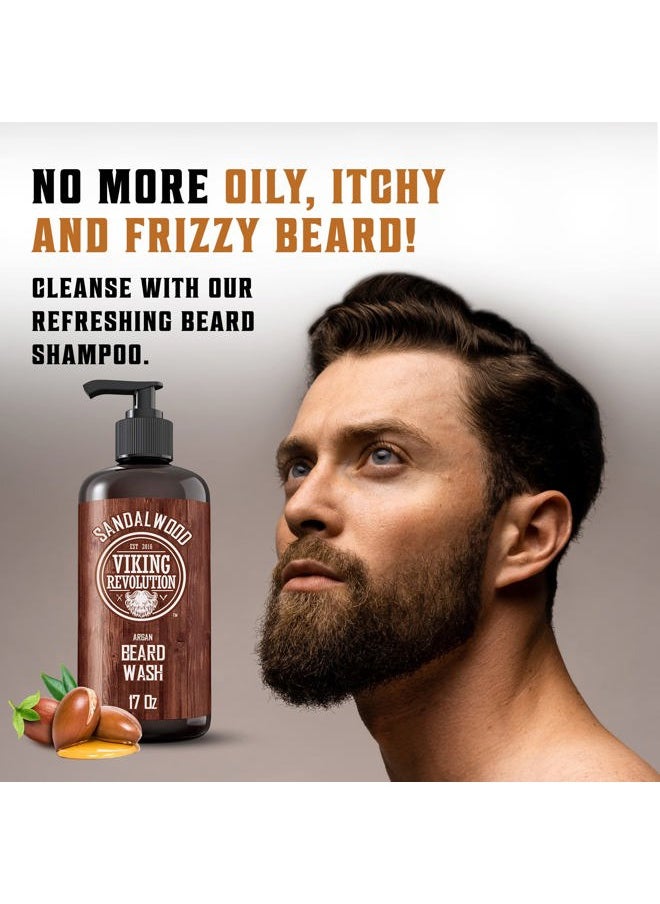 Viking Revolution Beard Wash & Beard Conditioner Set with Argan & Jojoba Oils - Softens and Strengthens - Natural Sandalwood Scent - Beard Shampoo with Beard Oil (17 oz)  - Image 3