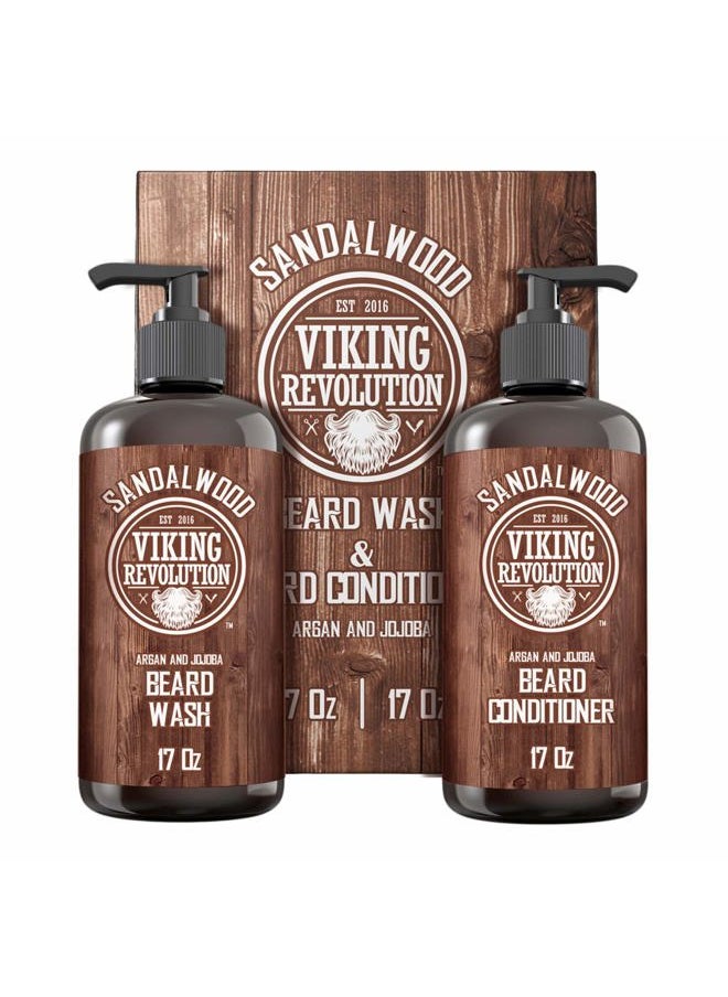 Viking Revolution Beard Wash & Beard Conditioner Set with Argan & Jojoba Oils - Softens and Strengthens - Natural Sandalwood Scent - Beard Shampoo with Beard Oil (17 oz)  - Image 1