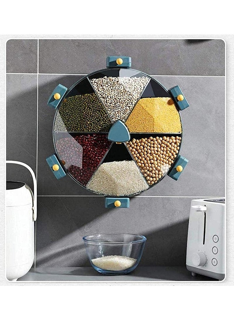 1st - Wall-Mounted Grain Dispenser,Sealed Grain Container Rotating Rice Storage Box Multi Compartments with 6 Compartments Dry Food Dispenser Cereal Container for Kitchen Gadget, Blue - Image 1