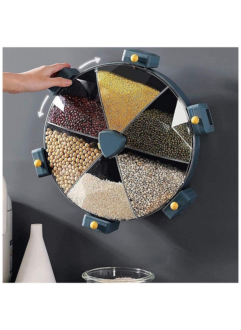 1st - Wall-Mounted Grain Dispenser,Sealed Grain Container Rotating Rice Storage Box Multi Compartments with 6 Compartments Dry Food Dispenser Cereal Container for Kitchen Gadget, Blue - Image 1