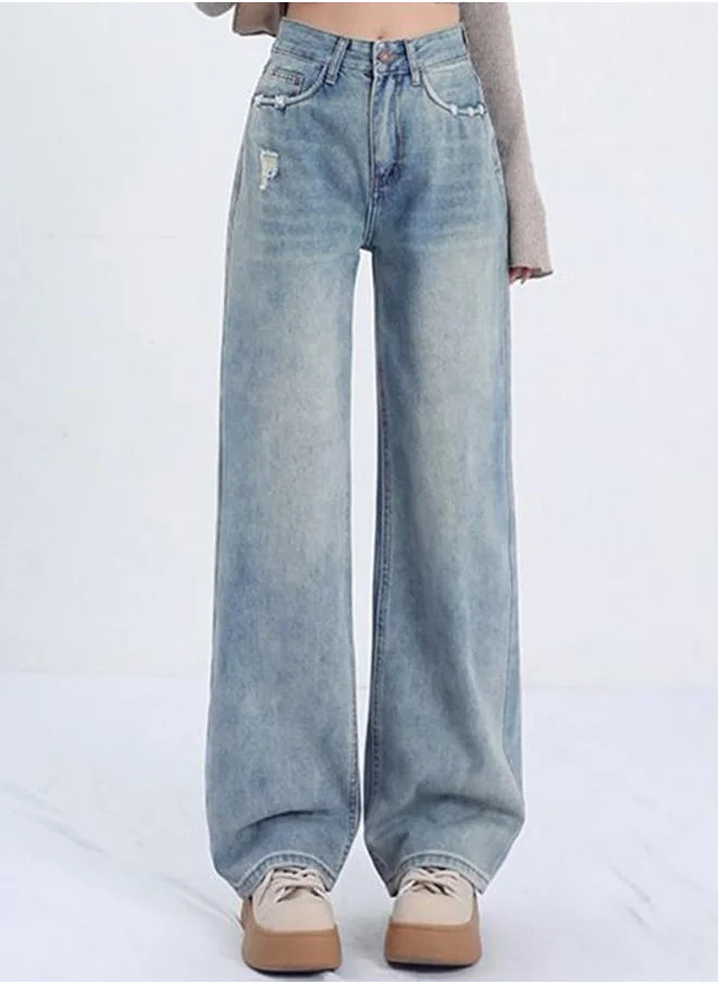 YUNIQEE Blue Wide Leg High-Rise Low Distress Light Fade Jeans