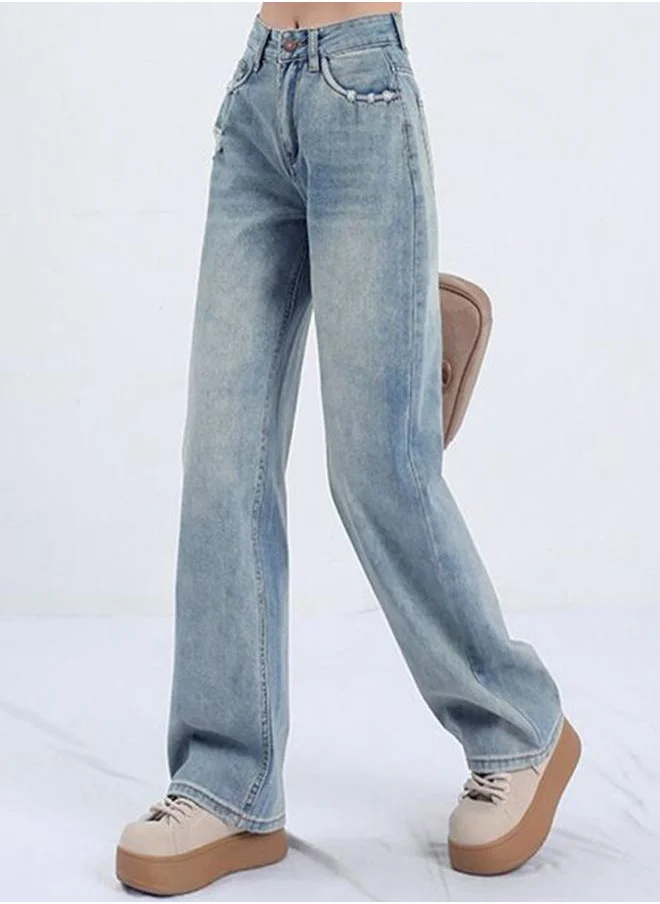 YUNIQEE Blue Wide Leg High-Rise Low Distress Light Fade Jeans