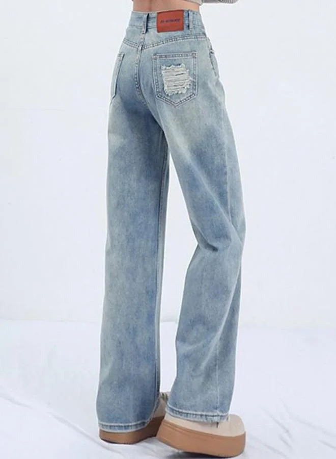 يونيكي Blue Wide Leg High-Rise Low Distress Light Fade Jeans