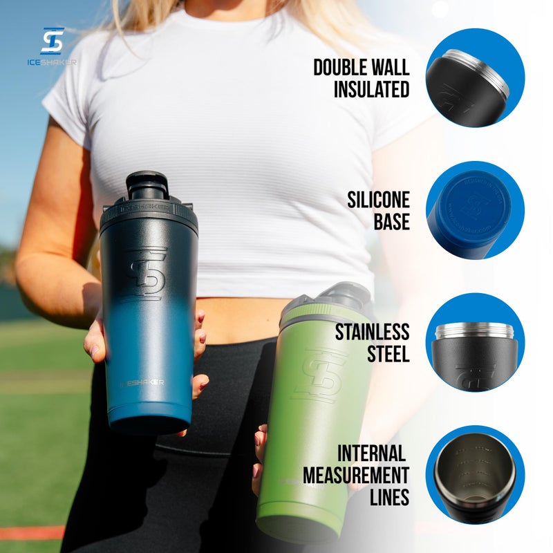 Ice Shaker زجاجة هزازة معزولة من الفولاذ المقاوم للصدأ | 26 أونصة، أزرق داكن وأسود | باردة لمدة 30+ ساعة | كوب معزول مع محرك دوار | زجاجة خالية من الروائح لاهتزازات البروتين، الماء، العصائر، الكوكتيلات - Image 2