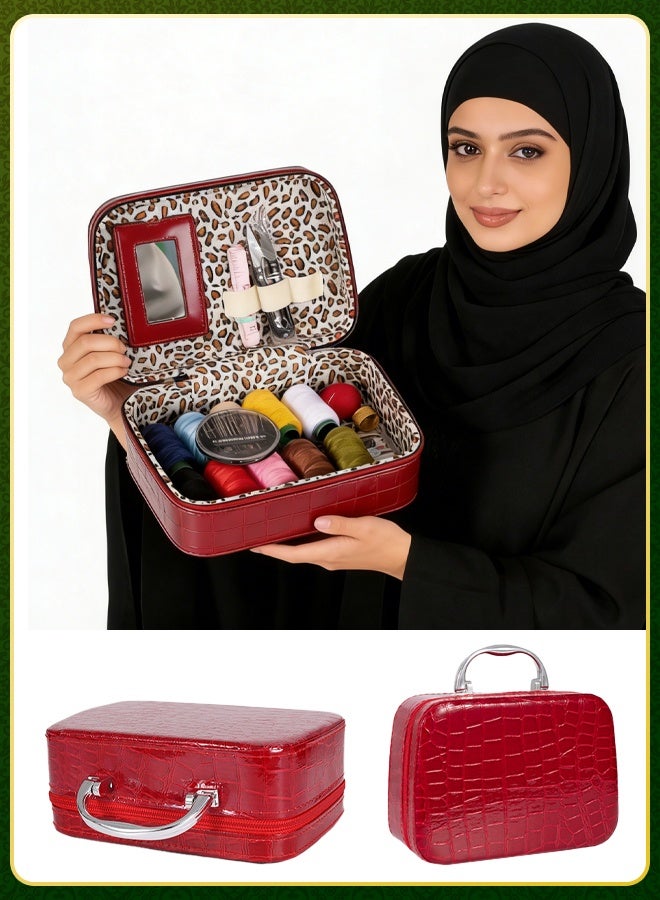 DESINO Luxury PU Leather Sewing Kit Handbag with Double Zipper & Built-in Mirror – Complete Needle and Thread Set Including 10 Thread Rolls, Needles, Thimble, Seam Ripper, Measuring Tape, Buttons & Pin Cushion – Ideal for Wedding, Gifts & Home Use - Image 1