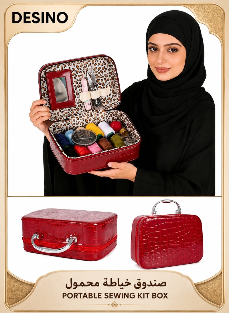 DESINO Luxury PU Leather Sewing Kit Handbag with Double Zipper & Built-in Mirror – Complete Needle and Thread Set Including 10 Thread Rolls, Needles, Thimble, Seam Ripper, Measuring Tape, Buttons & Pin Cushion – Ideal for Wedding, Gifts & Home Use - Image 1