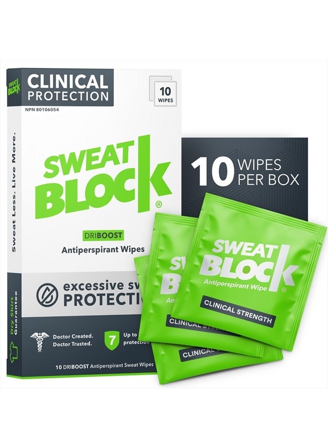 Sweatblock Clinical Strength DRIBOOST Antiperspirant Wipes - Treat Hyperhidrosis & Excessive Sweating for Men, Women, and Teens - 7 Days of Protection Per Wipe - Dermatologist Tested, Unscented,10 ct. - Image 1
