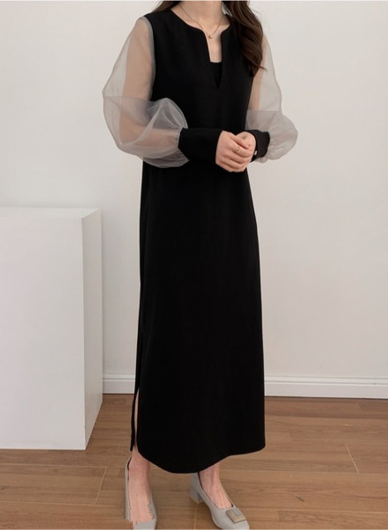 Chiffon sleeve one piece pierce V neck long sleeve long dress ﻿ - Image 2
