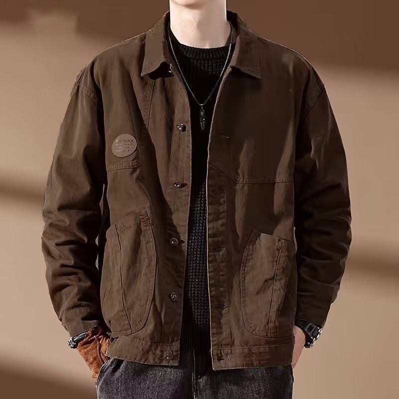 High-end Sense Workwear Jacket Mens Spring and Autumn Fashioning Brand Loose American Style Retro Lapel Jacket Casual Ripper Handsome Denim Jacket Brown y859