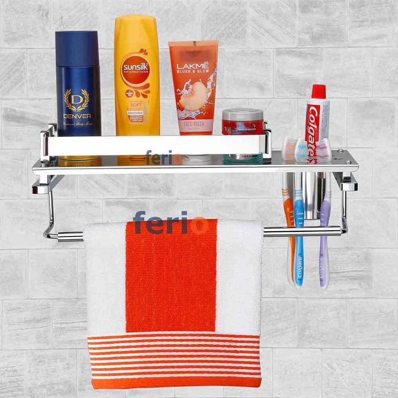 Ferio 3 in 1 Stainless Steel Multipurpose Bathroom Shelf/Shelves/Towel Bar | Napkin Holder | Thumber Holder | Rack Bathroom Accessories for Home Chrome Finish (15 * 5 Inches) - Pack of 1 (Silver) - Image 4