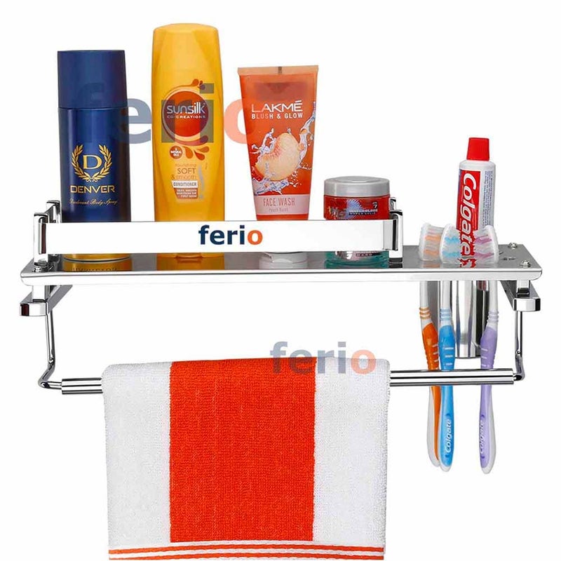 Ferio 3 in 1 Stainless Steel Multipurpose Bathroom Shelf/Shelves/Towel Bar | Napkin Holder | Thumber Holder | Rack Bathroom Accessories for Home Chrome Finish (15 * 5 Inches) - Pack of 1 (Silver) - Image 2