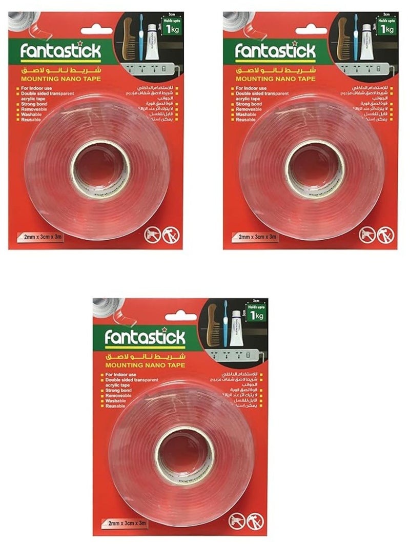 Fantastick Double Sided Washable Nano Tape 2mmx3cmx3m Size Clear Pack Of 3  - Image 1