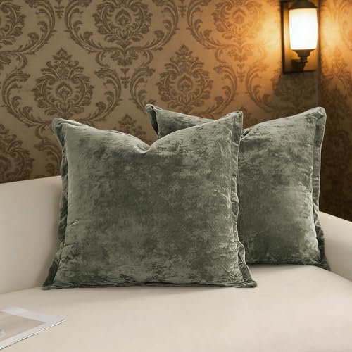 LR Rocaloca Greek Velvet Euro Sham Covers Set of 2 26x26 Luxury Soft Solid Pillow Covers for Living Room Bedroom Yard,Army Green - Image 1