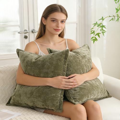 LR Rocaloca Greek Velvet Euro Sham Covers Set of 2 26x26 Luxury Soft Solid Pillow Covers for Living Room Bedroom Yard,Army Green - Image 4